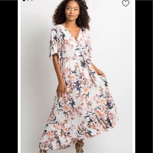 PINKBLUSH White Floral Wrap Ruffle Maxi Dress